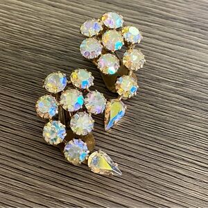 Vintage AB Aurora Borealis Paisley Cluster Crystal Ear Climber Clip-on Earrings